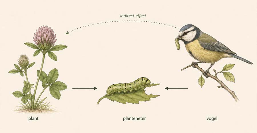 Eenvoudige illustratie van plant, planteneter en vogel die directe en indirecte relaties in een gemeenschap laat zien