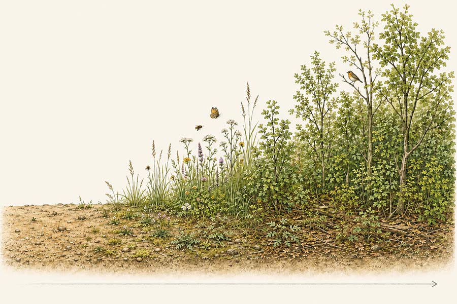 Illustratie van successie: van kale bodem via kruiden en struiken naar jonge bomen, met een geleidelijke ontwikkeling van vegetatie in de tijd.