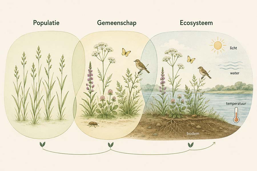 Schematische figuur met populatie, gemeenschap en ecosysteem rond een sloot