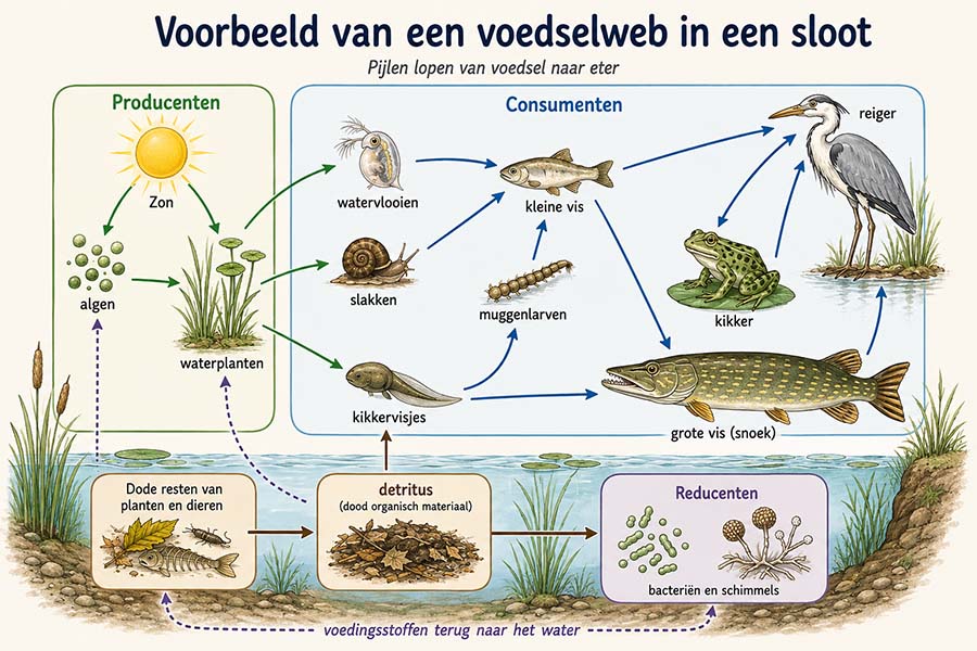 Schema van een voedselweb in een sloot met producenten, consumenten, detritus en reducenten, verbonden door pijlen die voedselrelaties en de kringloop van voedingsstoffen laten zien.