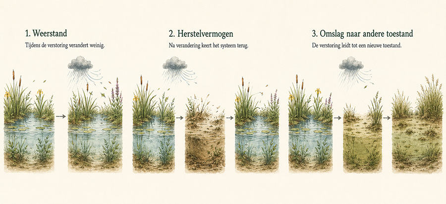 Rustige uitlegillustratie van een verstoring met drie mogelijke reacties: weinig verandering, herstel en omslag naar een andere toestand