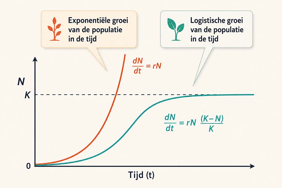 Vergelijking tussen een J-vormige exponentiële groeicurve en een S-vormige logistische groeicurve