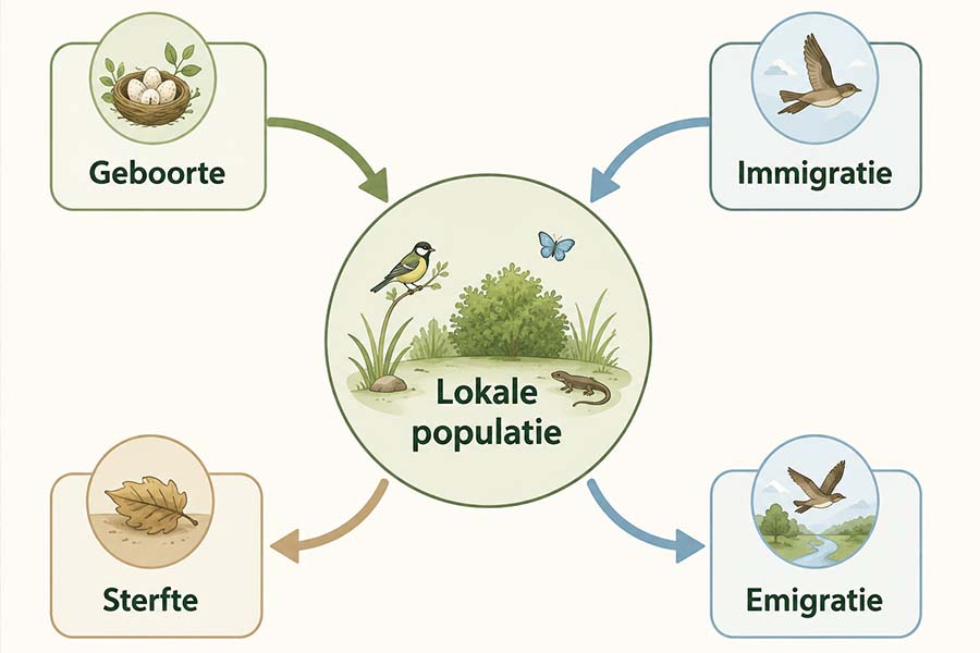 Een centrale lokale populatie met: geboorte en immigratie naar binnen, sterfte en emigratie naar buiten. 