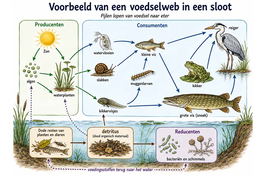 Schema van een voedselweb in een sloot met producenten, consumenten en reducenten, verbonden door voedselrelaties en kringloop van voedingsstoffen.